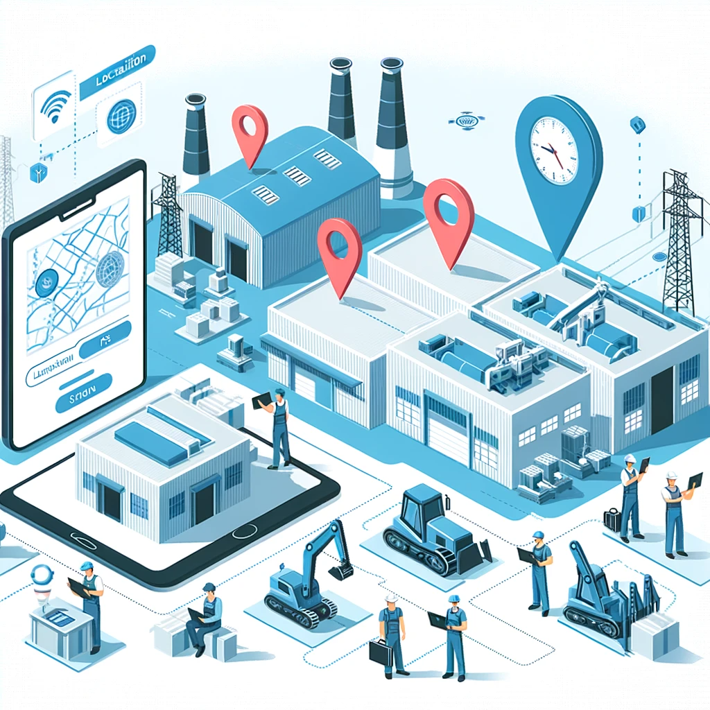 DALL·E 2023-11-13 20.00.54 - A vector-style illustration showing the concept of localization in the industry. The scene depicts a modern industrial setting with digital maps, GPS